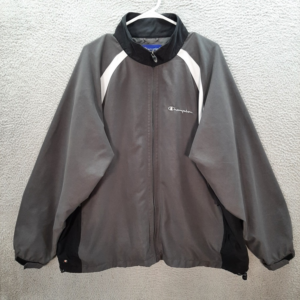 Champion Jacket Adult 2XL XXL Gray White Black Colorblock Windbreaker Sports Y2K